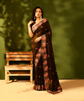 Mehendi Green Tussar Silk Floral Cutwork Embroidered Saree